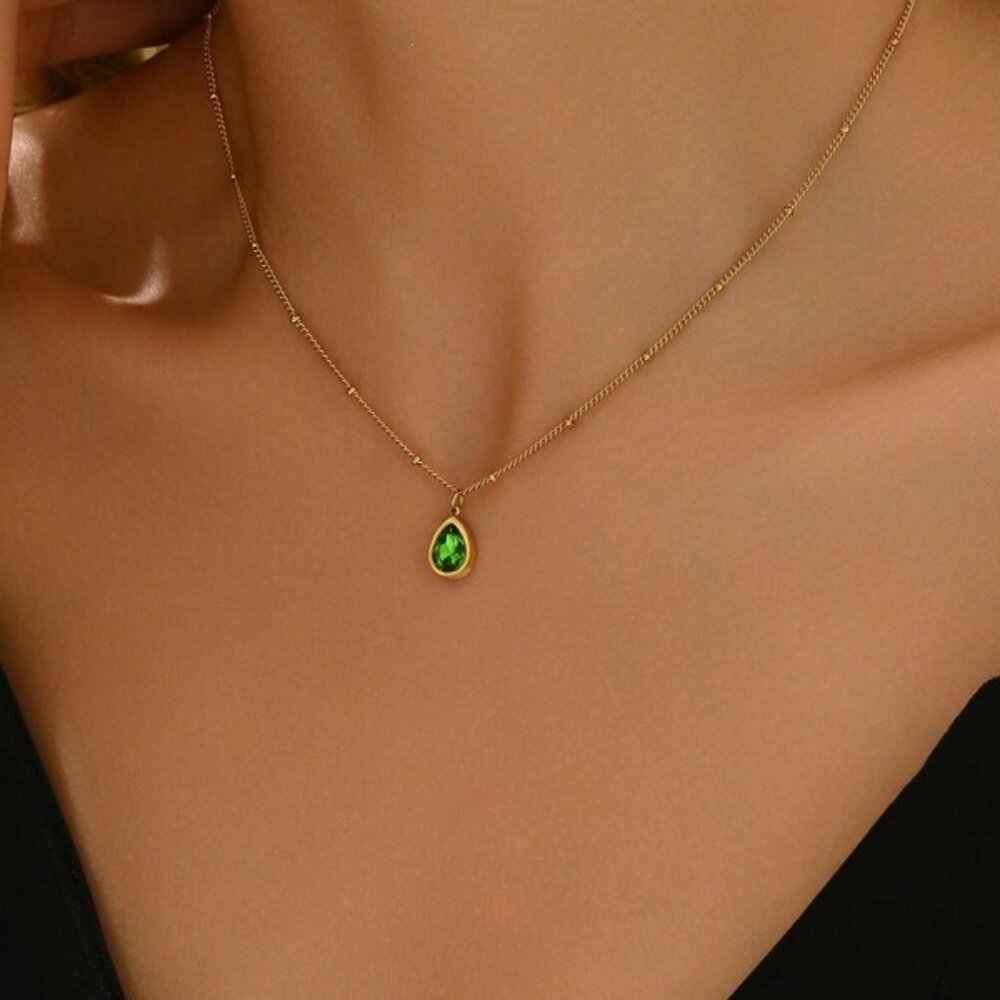 18K Gold Filled Emerald Teardrop Pendant Necklace